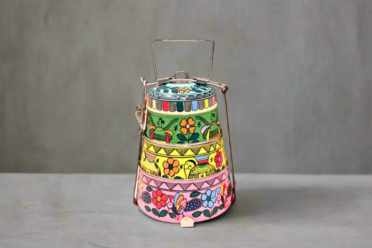 Hand-Painted 3-Tier Stainless Steel Lunch Box – boho Design Eco-Friendly tiffin box